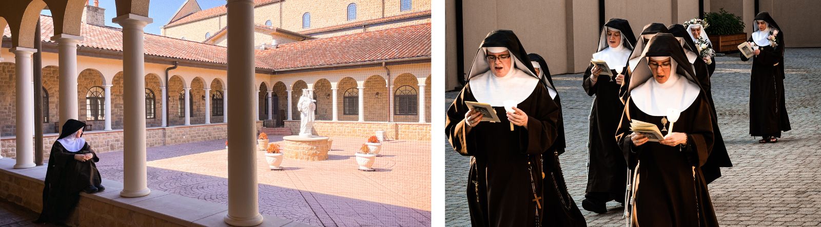 Image on left: A solitary nun sitting reflectively on a low colonade wall. Image on right: A group of nuns singing as they process outside.